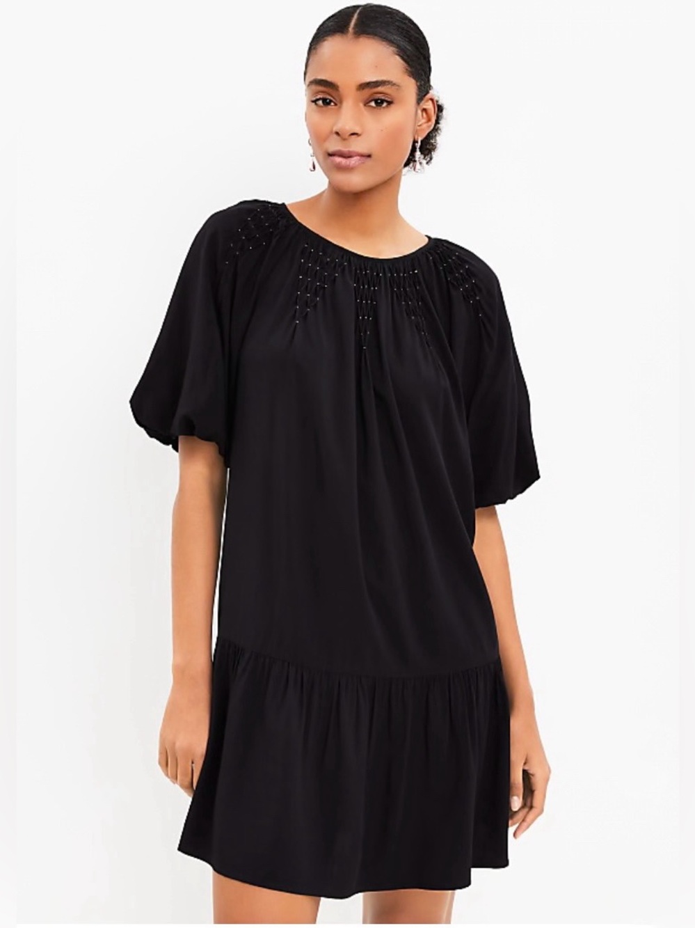 LOFT Smocked Pleated Flounce Dress Black Short Puff Sleeve Babydoll Dress Sz XL